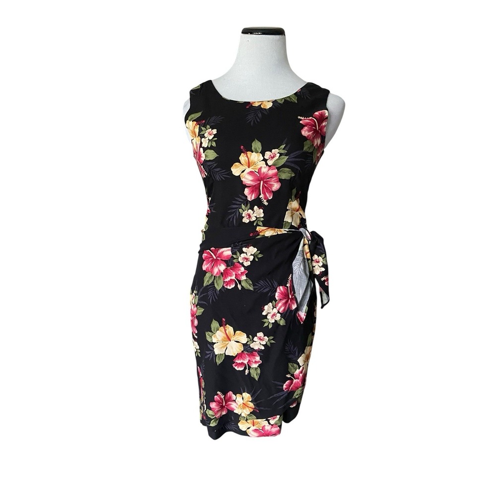 Vintage Iolani Womens Hawaiian Dress Size XS Black Floral Wrap Sleeveless Aloha‎